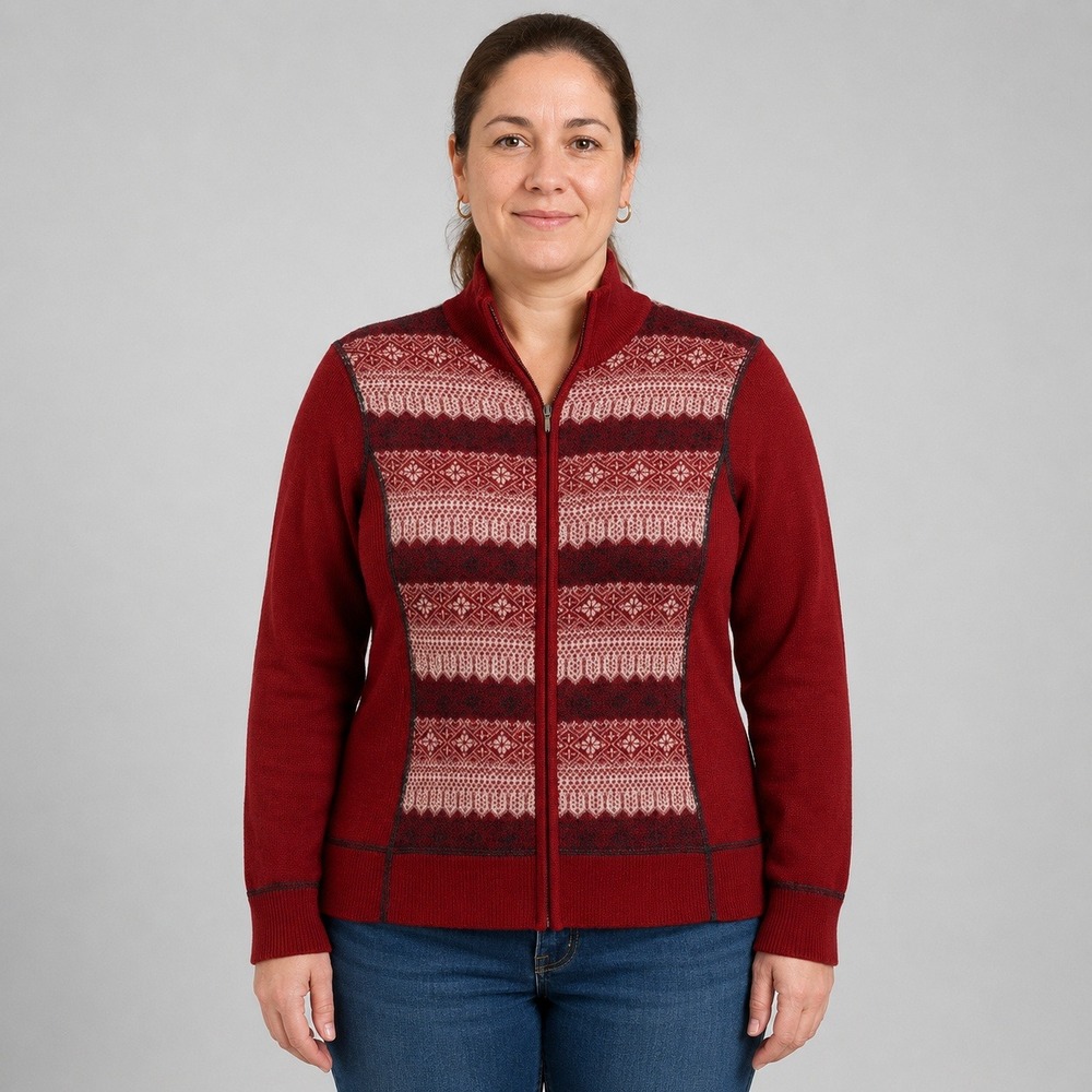 Eddie Bauer Women's XL‎ Red Fair Isle Wool Blend Full Zip Sweater Cardigan